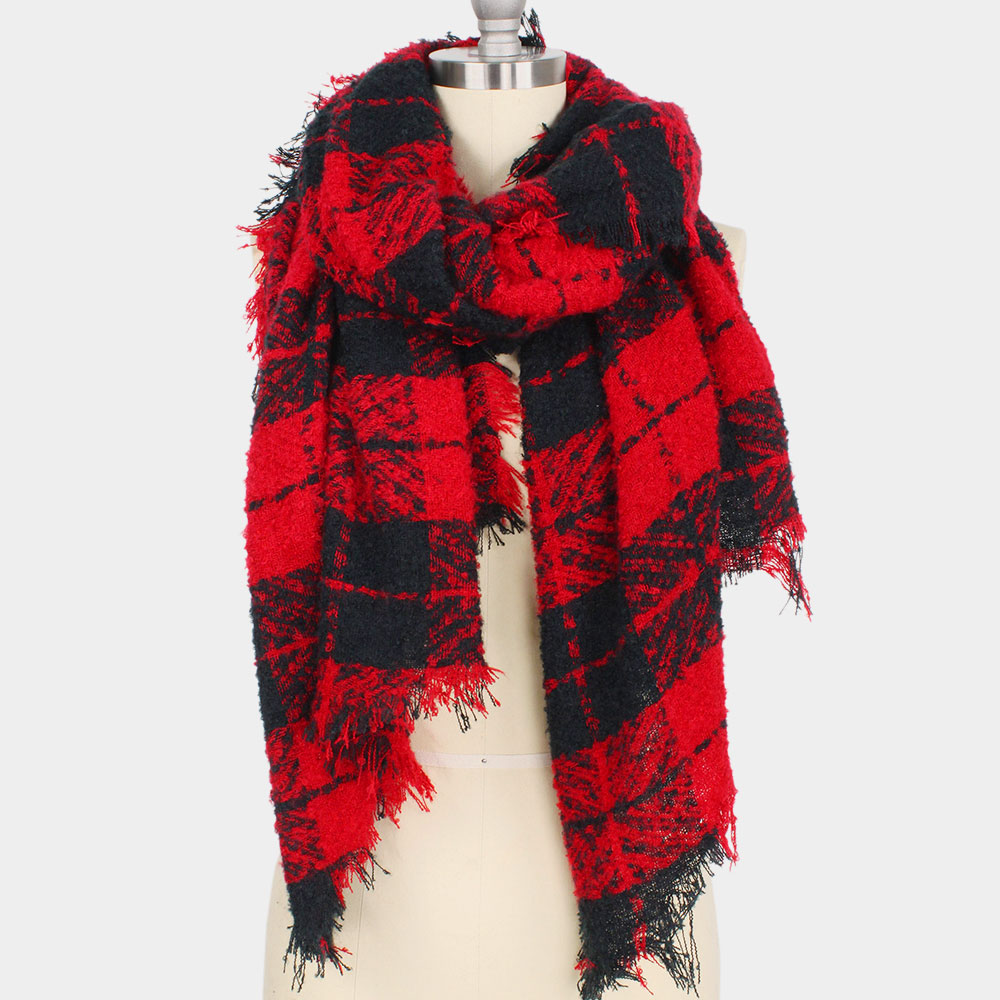 Plaid Bias Oblong Scarf Red and Black