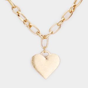 Heart Charm Chain Necklace in Worn Gold
