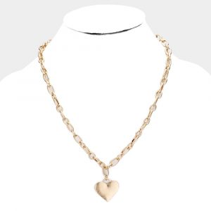 Heart Charm Chain Necklace in Worn Gold on Stand
