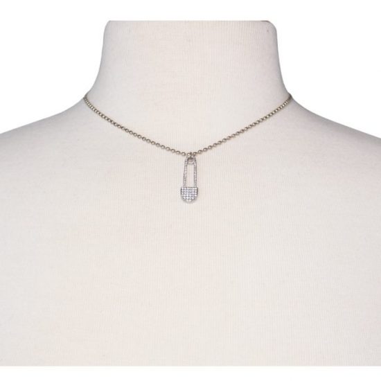Silver Ball Chain Crystal Safety Pin Necklace