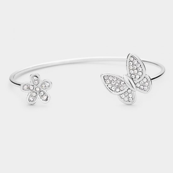 Crystal Butterfly and Flower Cuff Bracelet in Silver