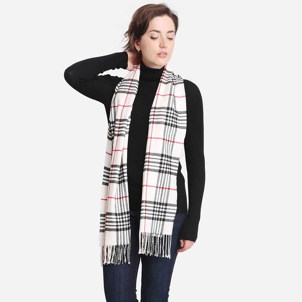 White Plaid Check Scarf Oblong Untied