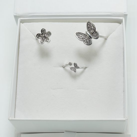 Crystal Flower Butterfly Cuff and Floating Butterfly Ring in Silver