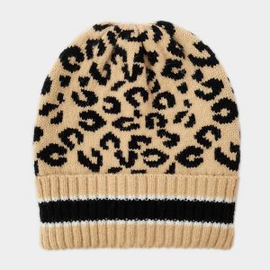 Leopard Pattern Beanie with Striped Cuff Beige