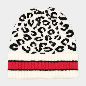 Leopard Patterned Beanie with Striped Cuff Ivory