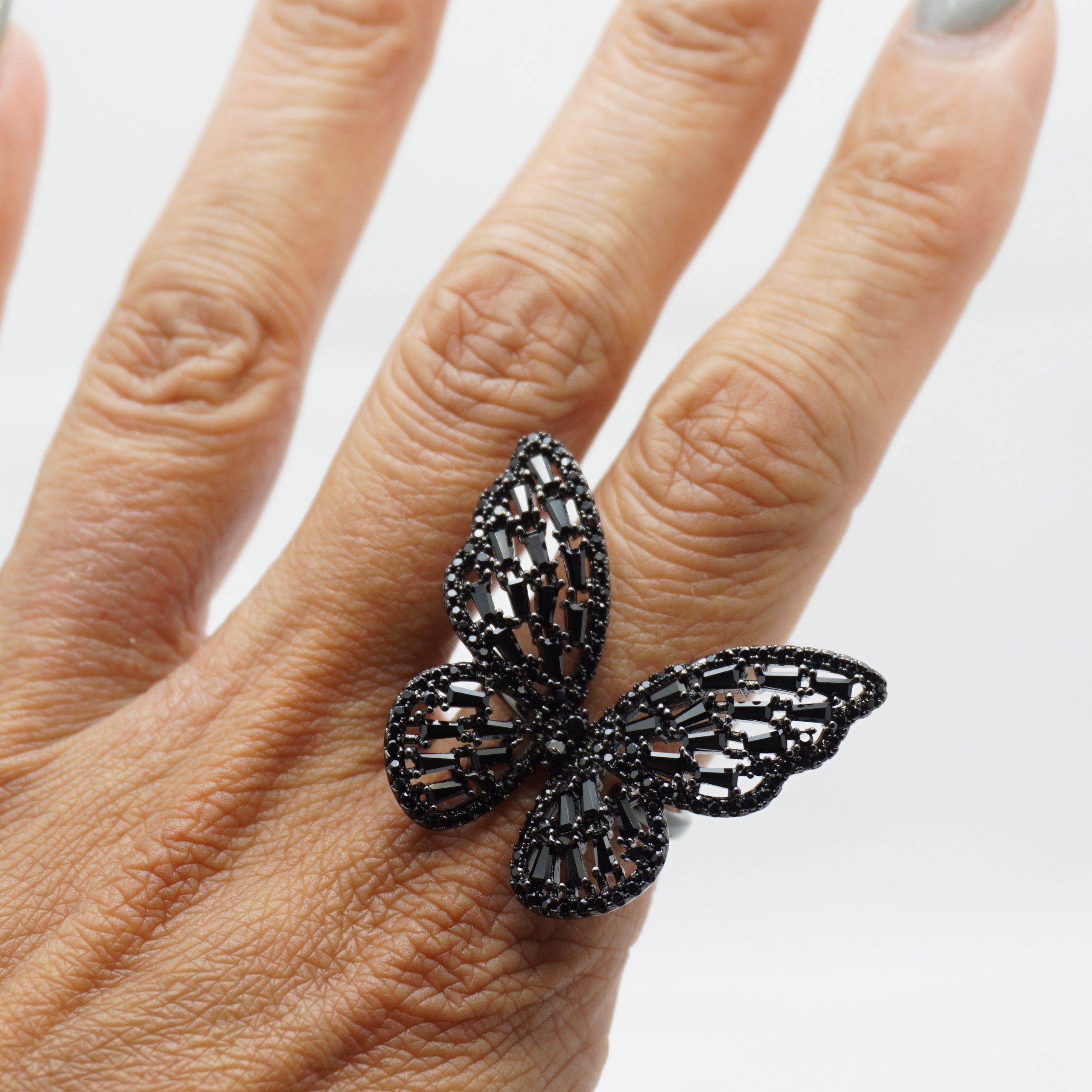 Crystal Blackout Butterfly Ring on Finger