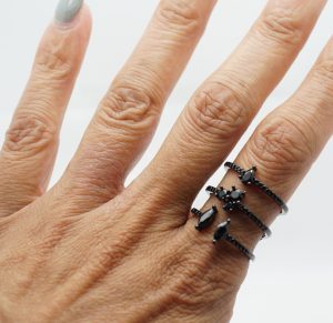 Three Tier Black Crystal Ring on Finger