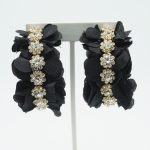 Fabric Flower Crystal Hoop Earrings in Black