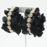 Fabric Flower Crystal Hoop Earrings in Black