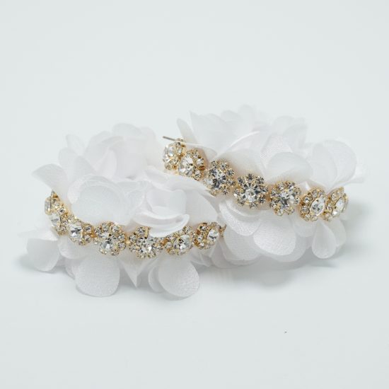 Fabric Flower Crystal Hoop Earrings in White