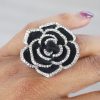 Black Crystal Rose Flower Ring on Finger