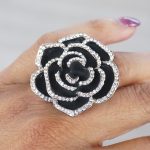 Black Crystal Rose Flower Ring on Finger