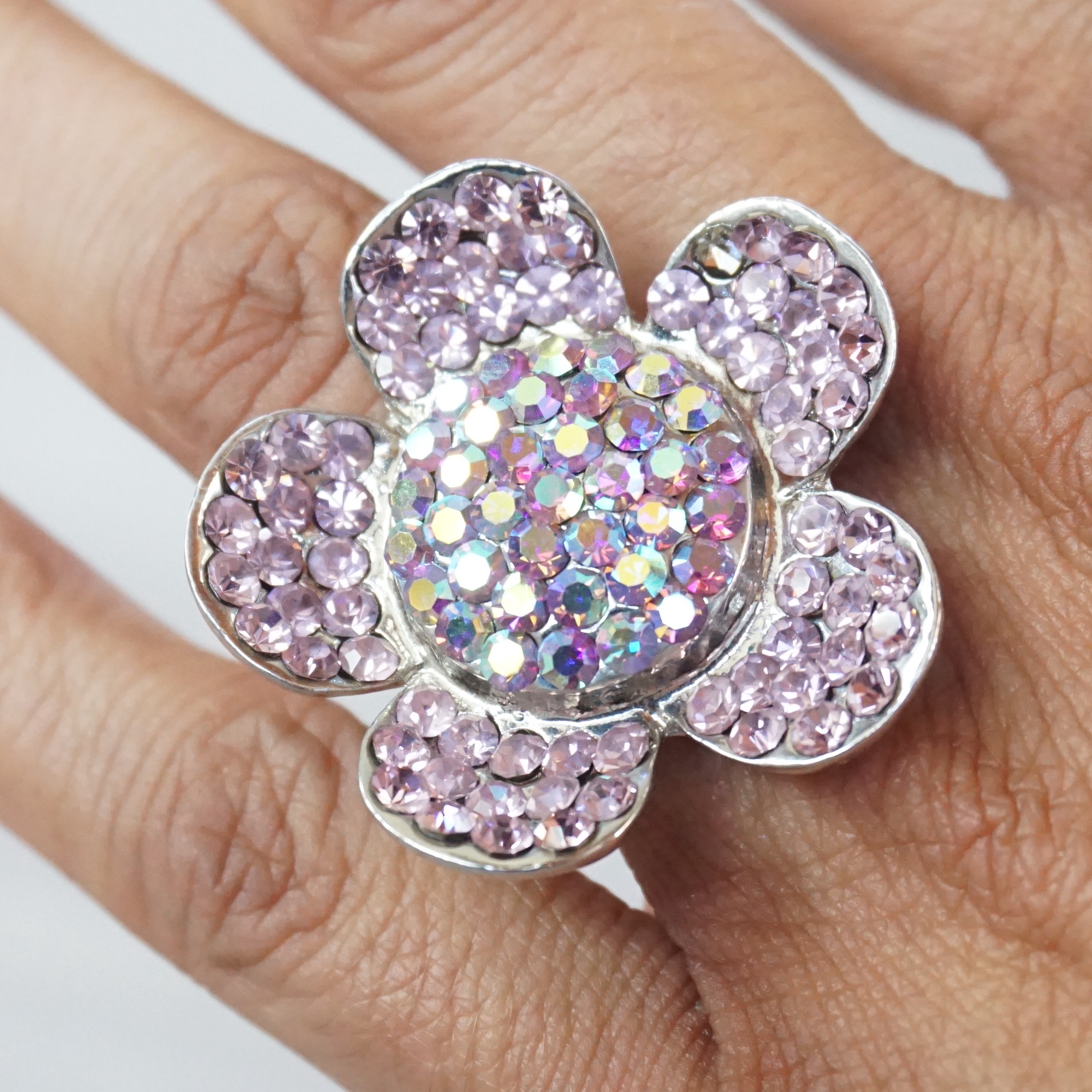 Crystal Daisy Ring in Pink on Finger
