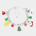 Charm bracelet with Bells, Christmas Tree, Reindeer, Santa Claus and a Gingerbread man. Adjustable Silver Chain