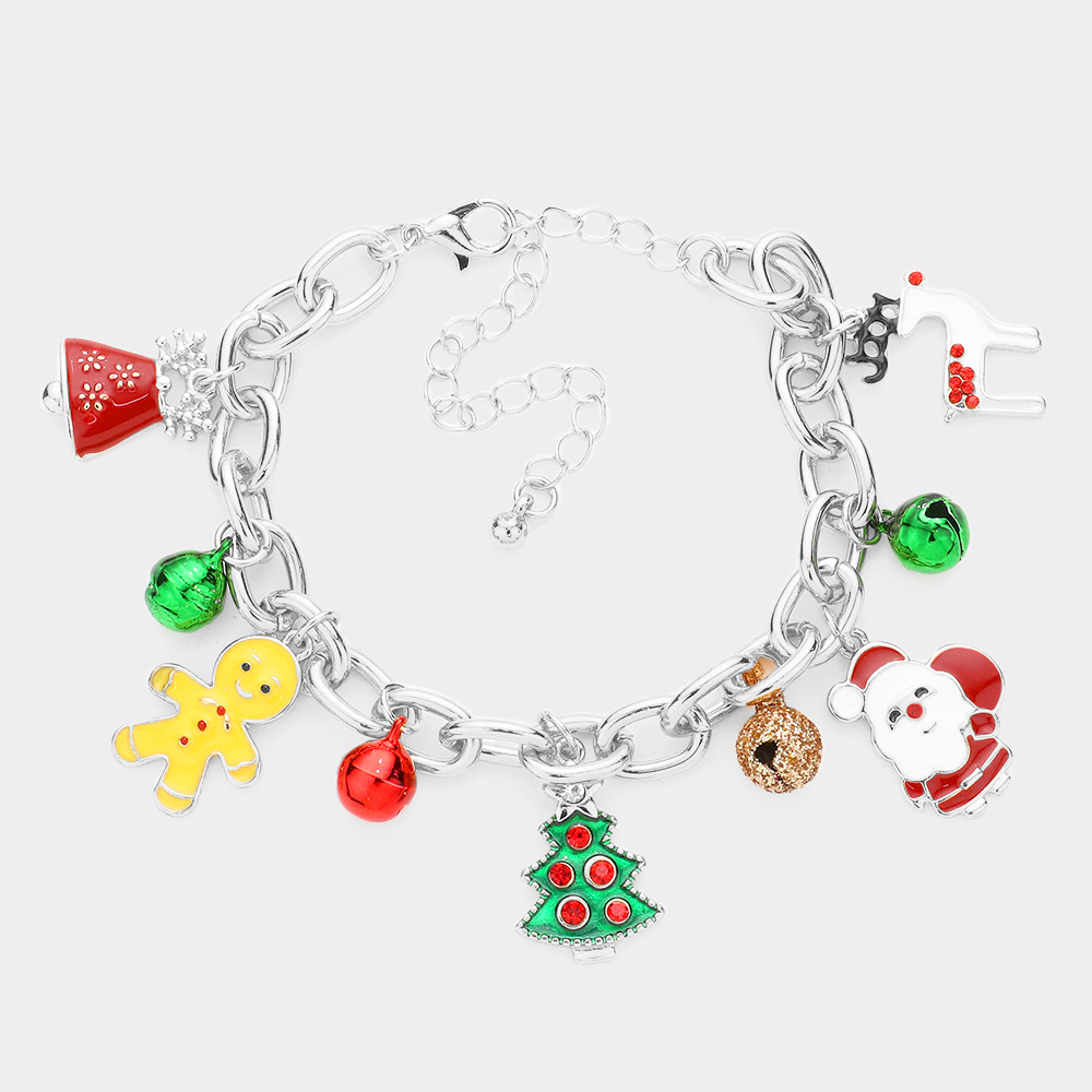 Charm bracelet with Bells, Christmas Tree, Reindeer, Santa Claus and a Gingerbread man. Adjustable Silver Chain