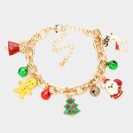 Charm bracelet with Bells, Christmas Tree, Reindeer, Santa Claus and a Gingerbread man. Adjustable Gold Chain