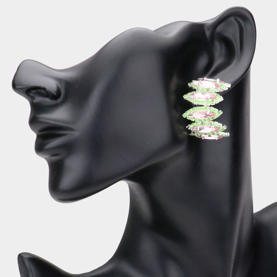 Pierced Pink and Green Stone Cluster Half Hoop Earrings