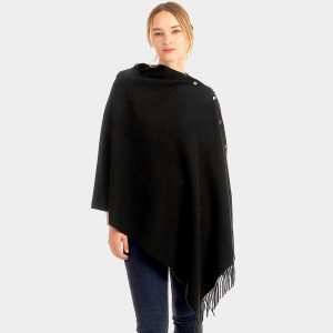 Black Solid Cape with Fringe detail and Button Accents