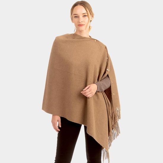 Taupe Solid Cape with Fringe detail and Button Accents