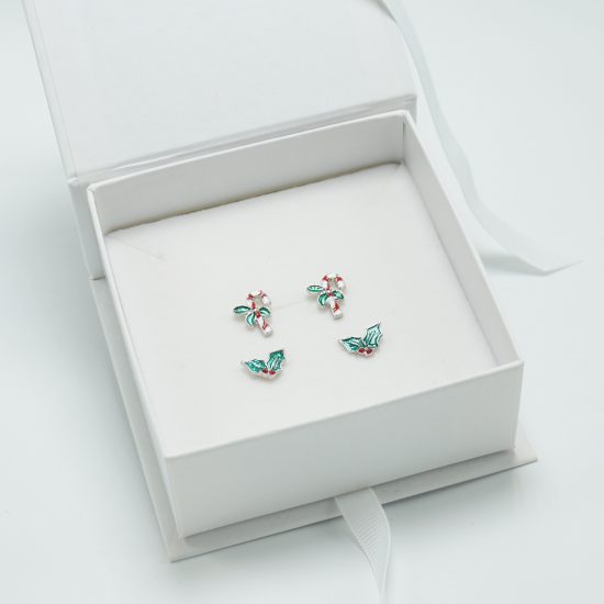 Candy Cane and Holly Stud Earrings Set