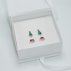 Green Tree and Red and Silver Santa Hat Earring Set