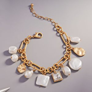 Geometric Pearl Charm Bracelet in Gold