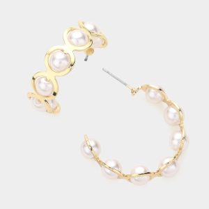 Pierced Metal Pearl Embellished Hoop Earrings in Gold