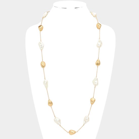 Pearl Abstract Long Necklace in Gold