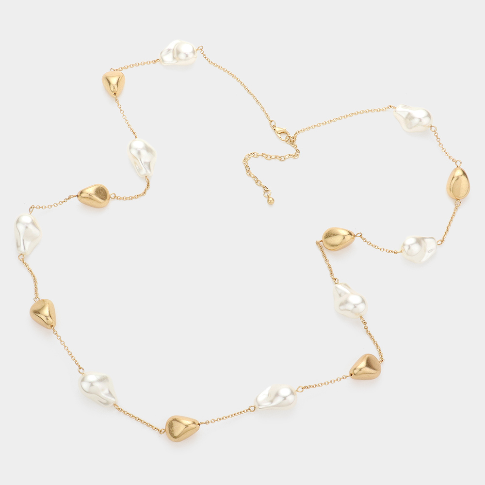 Pearl Abstract Long Necklace in Gold