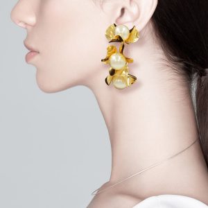 Pierced Pearl Triple Metal Flower Hoop Earrings in Gold