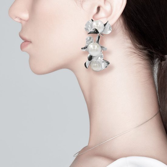 Pierced Pearl Accent Triple Metal Flower Hoop Earrings