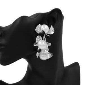 Pierced Pearl Accent Triple Metal Flower Hoop Earrings in Silver