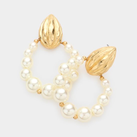 Pierced Pearl Open Oval Dangle Earrings with Gold