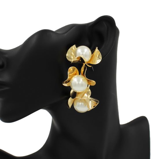 Pierced Pearl Triple Metal Flower Hoop Earrings in Gold