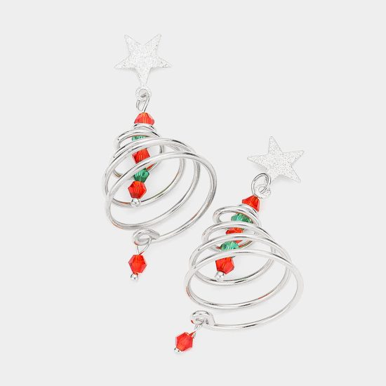 Christmas Tree Metal Wired Dangle Earrings in Silver