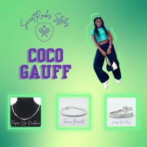 Coco Gauff Styleboard with Paper Clip Necklace, Tennis Bracelet and Wrap Nail Ring