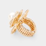 Stretch Crystal Pave Pearl Rose Ring in Gold