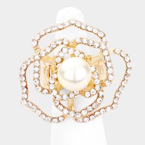 Stretch Crystal Pave Pearl Rose Ring in Gold