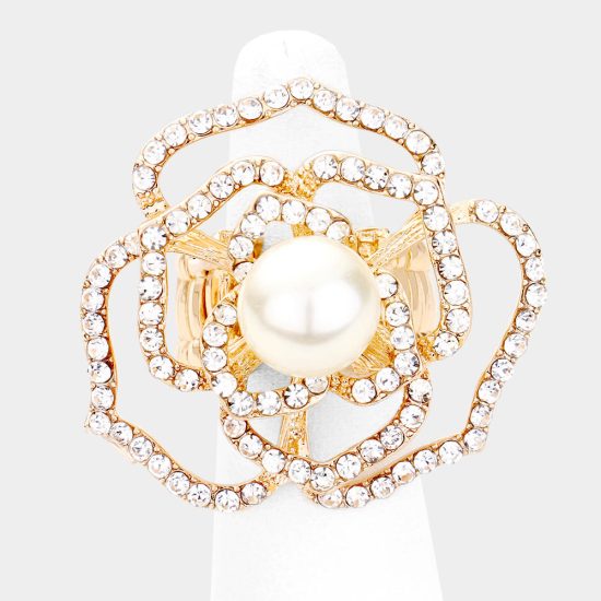 Stretch Crystal Pave Pearl Rose Ring in Gold