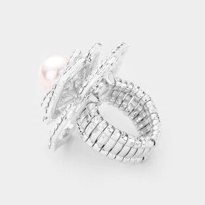 Stretch Crystal Pave Pearl Rose Ring in Silver