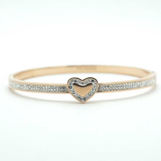 Crystal Heart Bangle Bracelet in Rose Gold