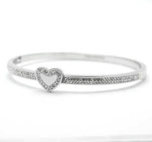 Crystal Heart Bangle Bracelet in Silver